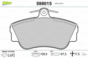 Фото Комлект гальмівних колодок, дисковий механізм Valeo 598015