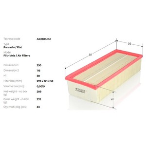 Фото Фильтр воздушный (250x117x58) Mitsubishi Colt Smart Forfour 1.1/1.3/1.5 04-12 TECNECO AR2584PM