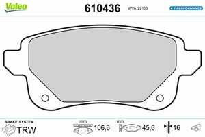 Фото Комплект гальмівних накладок, дискове гальмо Valeo 610436